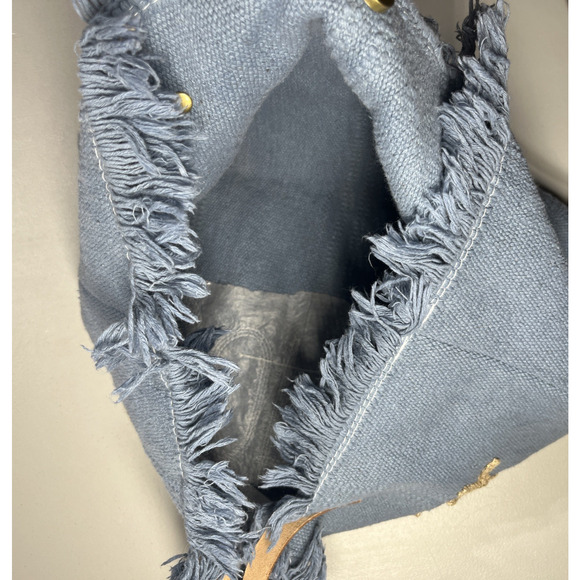 Bonjour Canvas Tote Bag Blue with Fringe Top Boho Summer Beachy Coastal - Picture 7 of 8